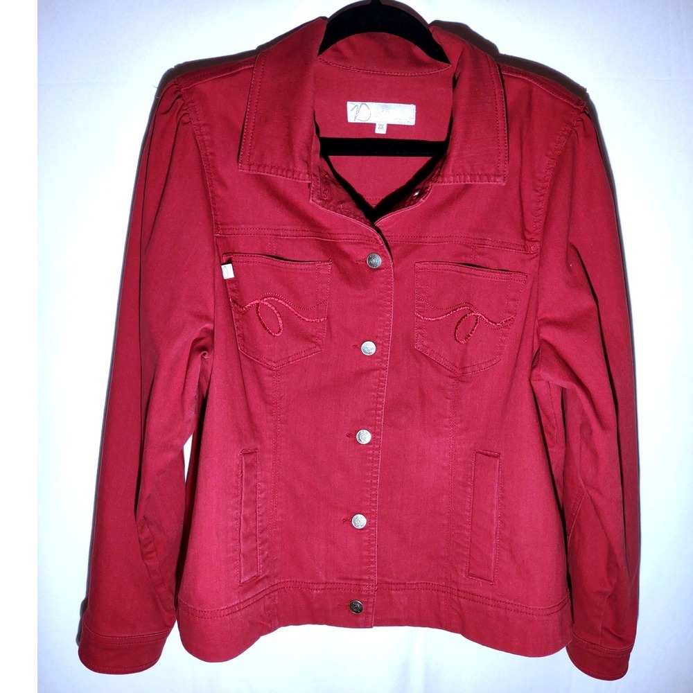 Tyte Duplex Style Womens Red Denim Jacket Button Front Puffed Shoulders Size 2X